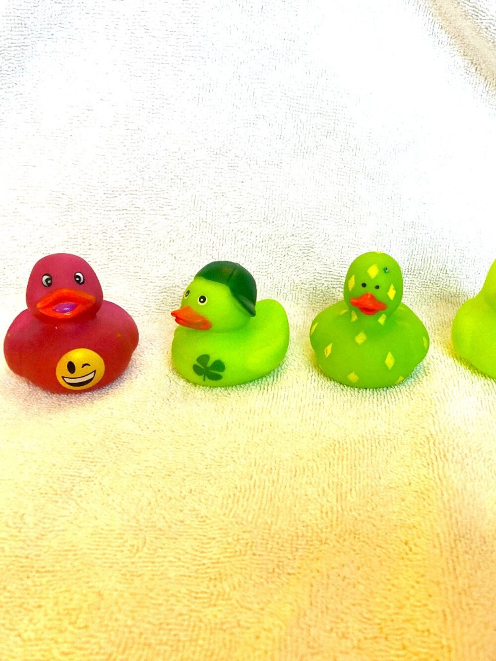6 Plastic Ducks, dotted, Strawberry, Smiley Face, St. Patrick (Lucky), etc
